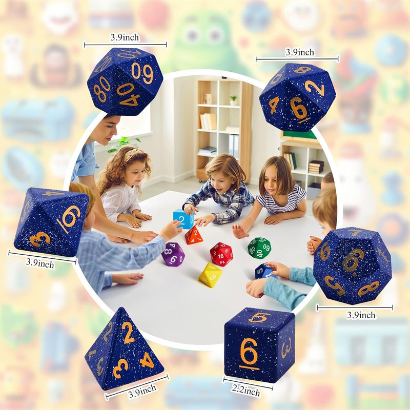 Arrowbash 6 Pcs Jumbo Polyhedra Dice 3.94 Inch Jumbo Foam Polyhedral Dice 6 Set 4, 6, 8, 10, 12 Sides Gifts for Games Teach Numbers Addition Subtraction Probability Learning(Starry Sky Blue) - Image 2